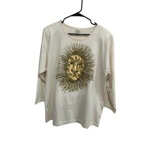 Karla Marie Gold Glitter Lion Face Design Long Sleeve T-Shirt Sz OS Statement Te